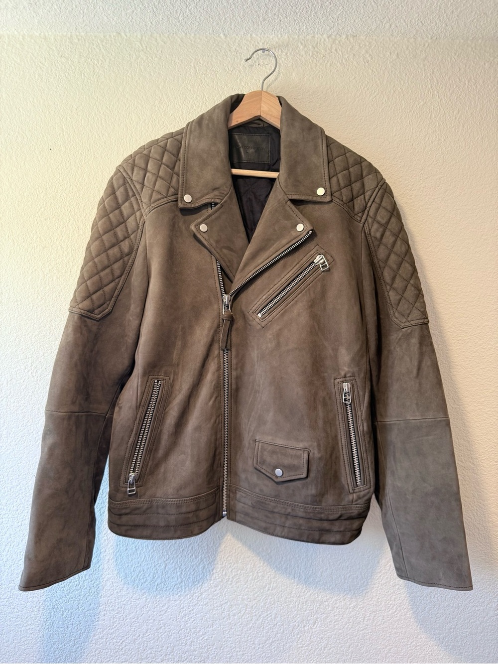 FRENCH CONNECTION Taupe Quilted Suede Biker Jacket